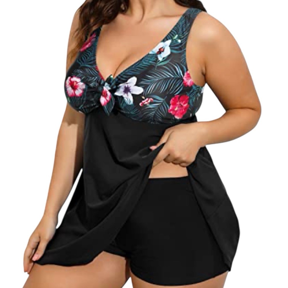 Yonique Swim Dress Tankini 2 Piece Blk Floral Hawaiian Swimsuit NEW Sz 24W #223